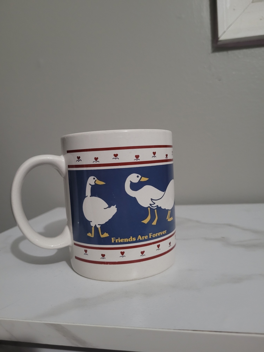 White Ceramic Mug with Duck Goose Friends Are Forever Design